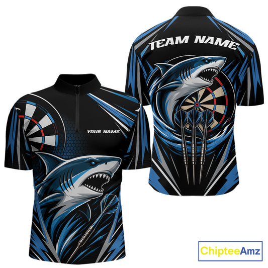 Custom Black And Blue Shark Darts Jerseys, Darts Team Men Quarter Zip Shirt IPHW11714