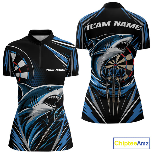 Custom Black And Blue Shark Darts Jerseys, Darts Team Women Quarter-Zip Shirt IPHW11714