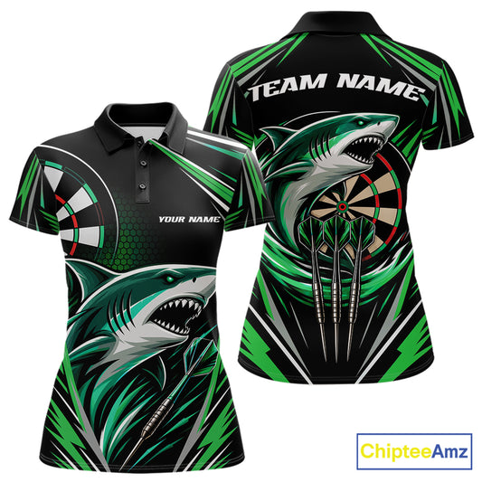 Custom Black And Green Shark Darts Jerseys, Darts Team Women Polo Shirt IPHW11715