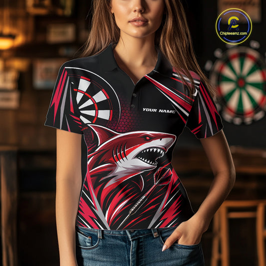 Custom Black And Red Shark Darts Jerseys, Darts Team Women Polo Shirt IPHW11716