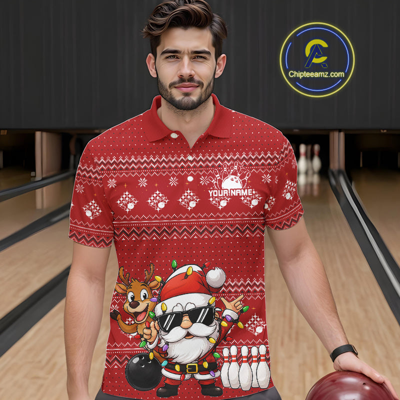 Custom Funny Christmas Men Bowling Shirts, Santa Claus And Reindeer Xmas Bowling Shirt IPHW10203