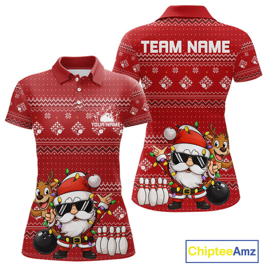 Custom Funny Christmas Women Bowling Shirts, Santa Claus And Reindeer Xmas Bowling Shirt IPHW10203