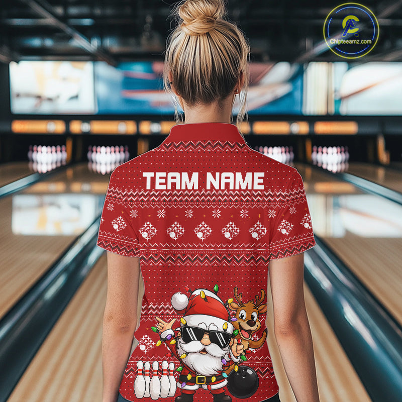 Custom Funny Christmas Women Bowling Shirts, Santa Claus And Reindeer Xmas Bowling Shirt IPHW10203