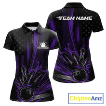 Load image into Gallery viewer, Custom Black And Purple US Flag Patriotic Women Bowling Shirt, American Flame Bowling Jersey IPHW10642