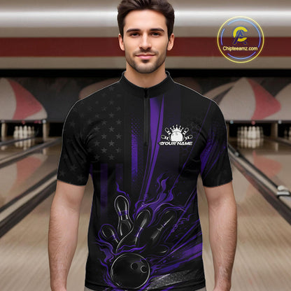Custom Black And Purple US Flag Patriotic Men Bowling Shirt, American Flame Bowling Jersey IPHW10642