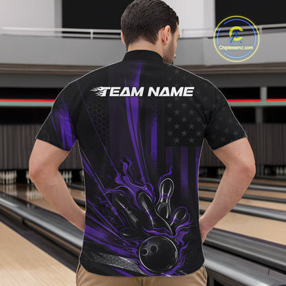Custom Black And Purple US Flag Patriotic Men Bowling Shirt, American Flame Bowling Jersey IPHW10642