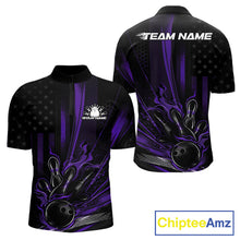 Load image into Gallery viewer, Custom Black And Purple US Flag Patriotic Men Bowling Shirt, American Flame Bowling Jersey IPHW10642