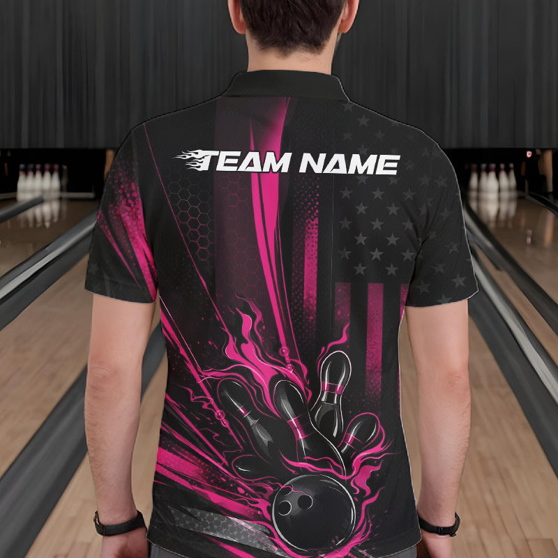 Custom Black And Pink US Flag Patriotic Men Bowling Shirt, American Flame Bowling Jersey IPHW10643