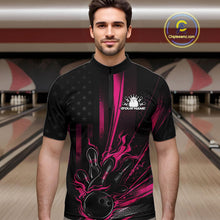 Load image into Gallery viewer, Custom Black And Pink US Flag Patriotic Men Bowling Shirt, American Flame Bowling Jersey IPHW10643