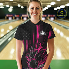 Load image into Gallery viewer, Custom Black And Pink US Flag Patriotic Women Bowling Shirt, Flame Bowling Jersey IPHW10643