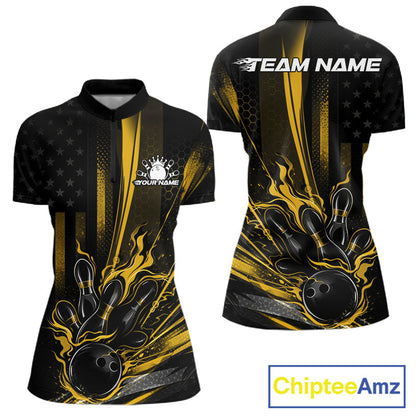Custom Black And Yellow US Flag Patriotic Women Bowling Shirt, Flame Bowling Jersey IPHW10644