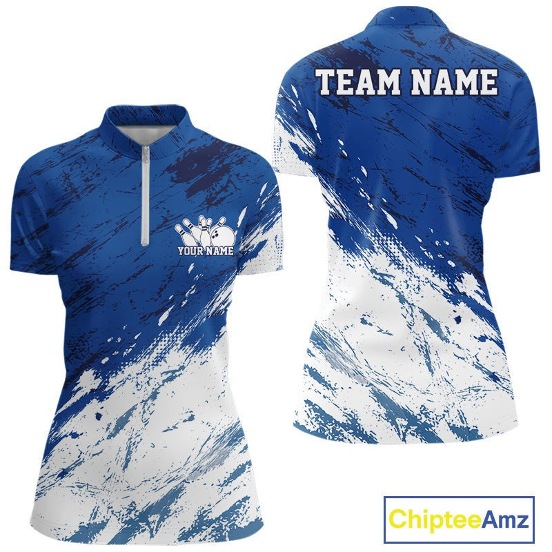 Front and back view of a women's bowling quarter-zip shirt mockup with a white and blue splatter-inspired athletic jersey pattern