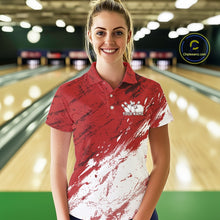 Load image into Gallery viewer, Woman wearing a red and white bowling shirt with a logo in a bowling alley.