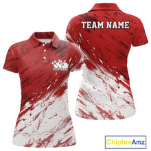 Load image into Gallery viewer, Front and back views of a women's polo bowling shirt mockup featuring a white and red paint splatter distressed sportswear design.
