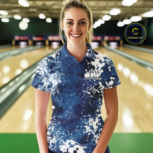 Load image into Gallery viewer, Woman wearing a blue and white bowling shirt with 'Your Name' printed on it, standing in a bowling alley.