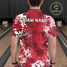 Load image into Gallery viewer, Person wearing a red and white bowling shirt with 'TEAM NAME' on a bowling alley.