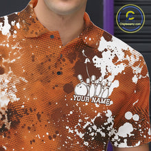 Load image into Gallery viewer, Close-up of a person wearing a custom bowling shirt with splatter design and 'Your Name' text.