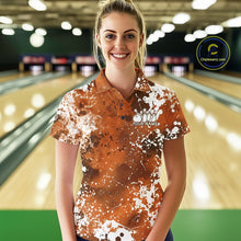 Load image into Gallery viewer, Front view of a male model in a bowling alley wearing a bowling quarter-zip shirt featuring a white paint splatter design on a pink shirt.
