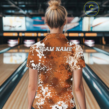 Load image into Gallery viewer, Person wearing a custom bowling shirt with 'TEAM NAME' printed on the back in a bowling alley.