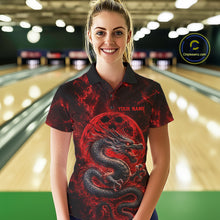 Load image into Gallery viewer, Front view of a female model in a bowling alley wearing a red custom bowling polo shirt featuring an ancient dragon, flames, and a moon-inspired bowling ball design.