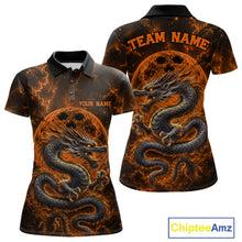 Load image into Gallery viewer, Front and back views of an orange custom women's bowling polo shirt featuring an ancient dragon, flames, and a moon-inspired bowling ball design.