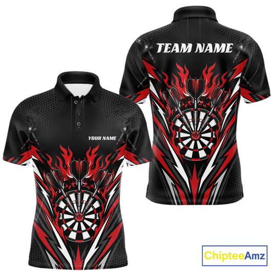 Custom Black And Red Flame Bullseye Darts Men Polo Shirt, Darts Team Jerseys IPHW11717