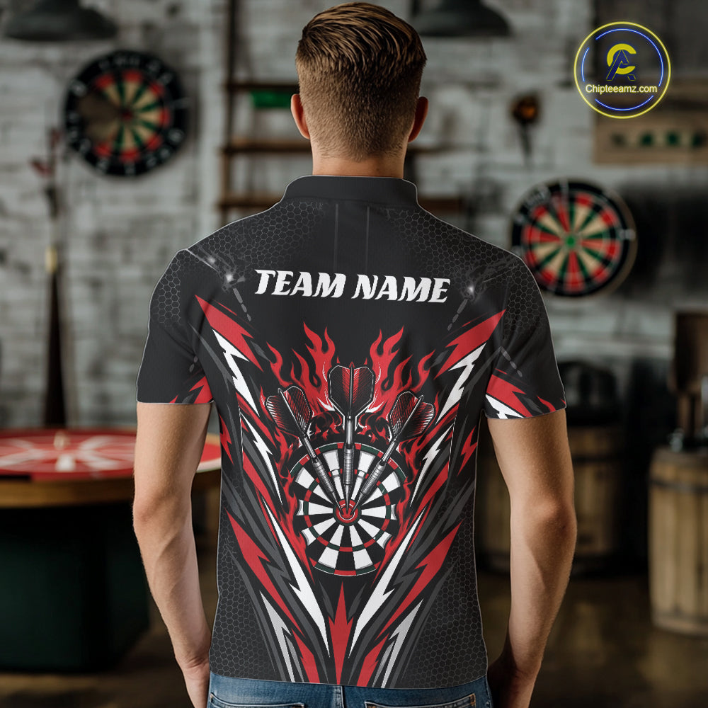 Custom Black And Red Flame Bullseye Darts Men Polo Shirt, Darts Team Jerseys IPHW11717