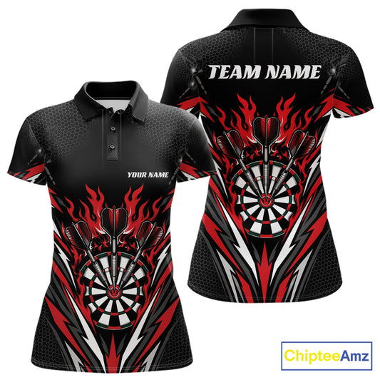 Custom Black And Red Flame Bullseye Darts Women Polo Shirt, Darts Team Jerseys IPHW11717