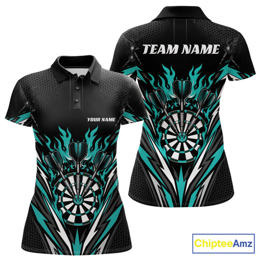 Custom Black And Turquoise Blue Flame Bullseye Darts Women Polo Shirt, Darts Team Jerseys IPHW11718