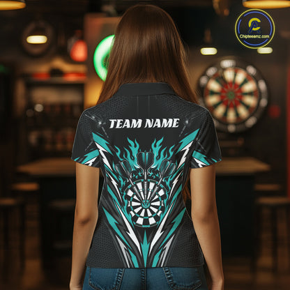 Custom Black And Turquoise Blue Flame Bullseye Darts Women Polo Shirt, Darts Team Jerseys IPHW11718