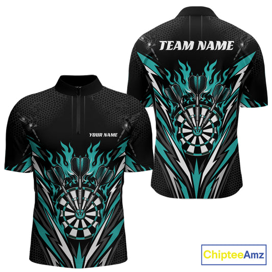 Custom Black And Turquoise Blue Flame Bullseye Darts Men Quarter Zip Shirt, Darts Team Jerseys IPHW11718