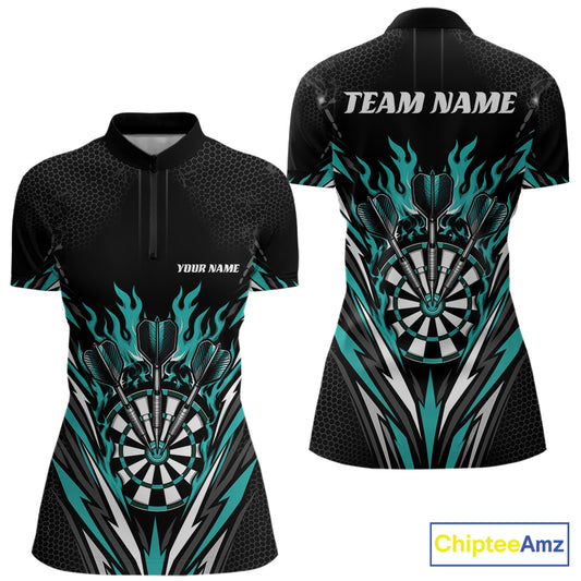 Custom Turquoise Blue Flame Bullseye Darts Women Quarter-Zip Shirt, Darts Jerseys IPHW11718