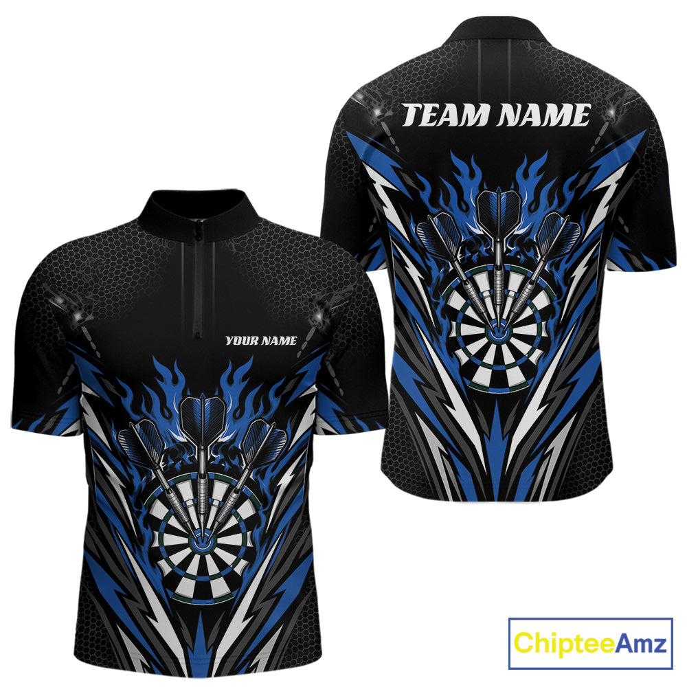 Custom Black And Blue Flame Bullseye Darts Men Quarter Zip Shirt, Darts Team Jerseys IPHW11719