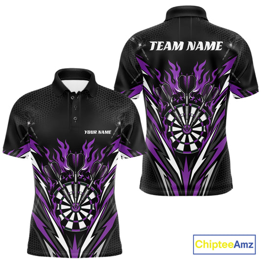 Custom Black And Purple Flame Bullseye Darts Men Polo Shirt, Darts Team Jerseys IPHW11720