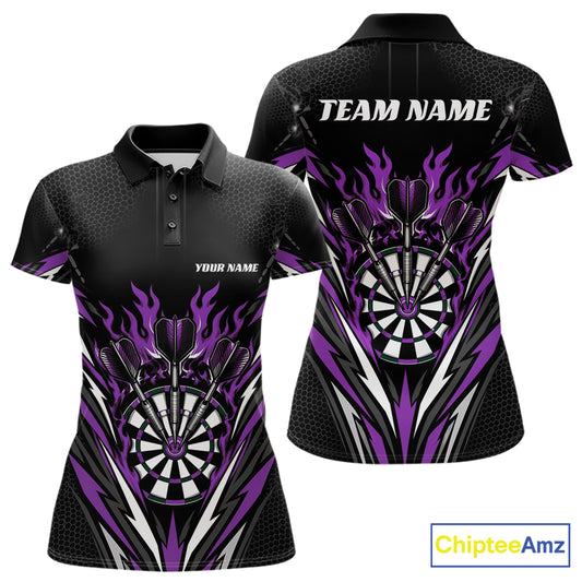 Custom Black And Purple Flame Bullseye Darts Women Polo Shirt, Darts Team Jerseys IPHW11720