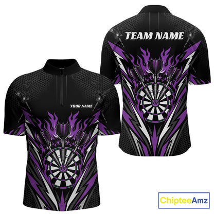 Custom Black And Purple Flame Bullseye Darts Men Quarter Zip Shirt, Darts Team Jerseys IPHW11720