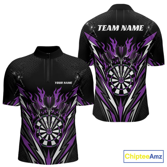 Custom Black And Purple Flame Bullseye Darts Men Quarter Zip Shirt, Darts Team Jerseys IPHW11720