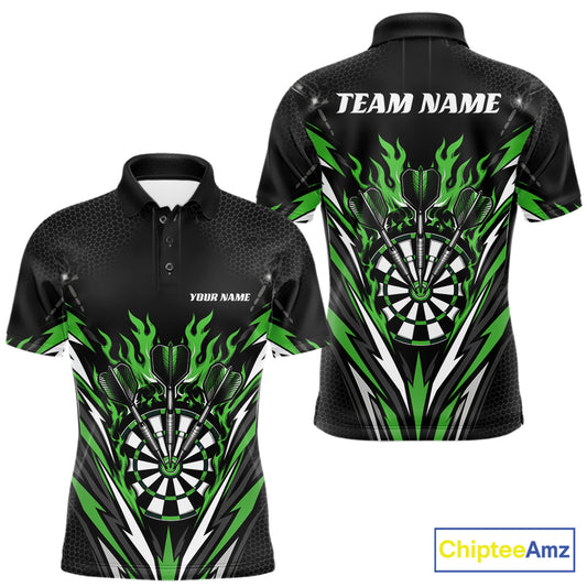 Custom Black And Green Flame Bullseye Darts Men Polo Shirt, Darts Team Jerseys IPHW11721
