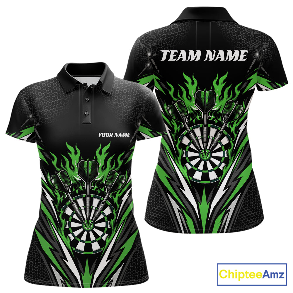 Custom Black And Green Flame Bullseye Darts Women Polo Shirt, Darts Team Jerseys IPHW11721