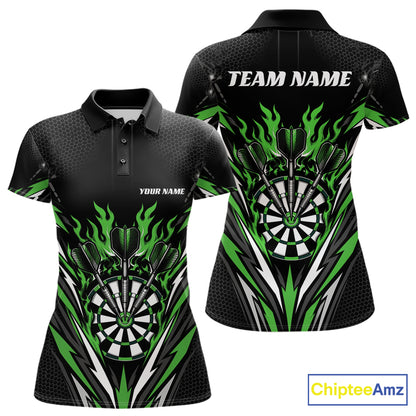 Custom Black And Green Flame Bullseye Darts Women Polo Shirt, Darts Team Jerseys IPHW11721