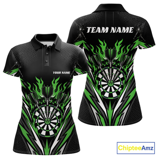 Custom Black And Green Flame Bullseye Darts Women Polo Shirt, Darts Team Jerseys IPHW11721