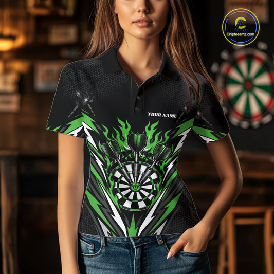Custom Black And Green Flame Bullseye Darts Women Polo Shirt, Darts Team Jerseys IPHW11721