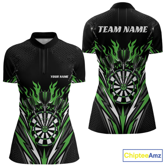 Custom Black And Green Flame Bullseye Darts Women Quarter-Zip Shirt, Darts Team Jerseys IPHW11721