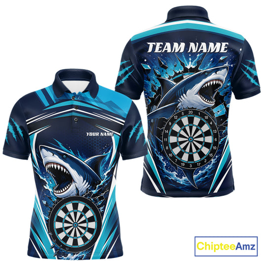 Custom Blue Shark With Broken Dartboard Darts Team Polo Shirt For Men, Darts League Shirt IPHW11736