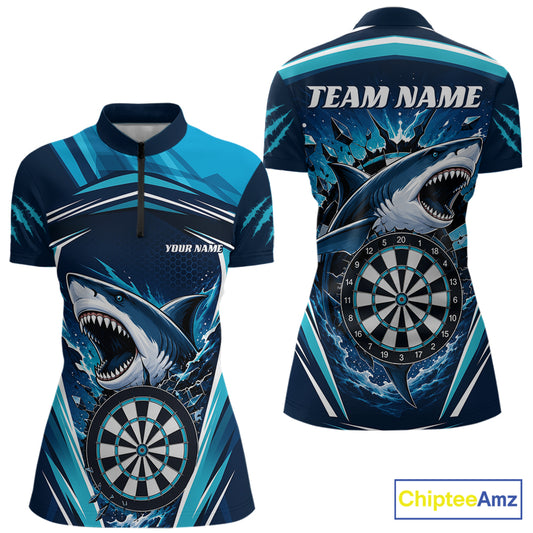 Custom Blue Shark With Broken Dartboard Darts Women Quarter-Zip Shirt IPHW11736