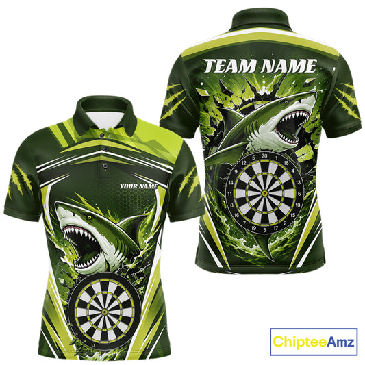 Custom Green Shark With Broken Dartboard Darts Team Polo Shirt For Men, Darts League Shirt IPHW11737