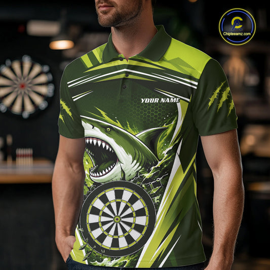 Custom Green Shark With Broken Dartboard Darts Team Polo Shirt For Men, Darts League Shirt IPHW11737