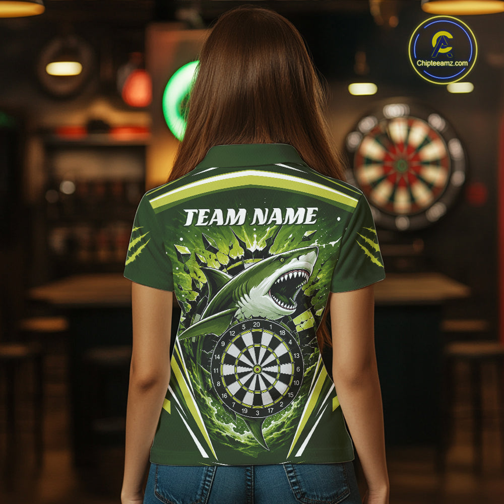 Custom Green Shark With Broken Dartboard Darts Team Polo Shirt For Women, Darts League Shirt IPHW11737
