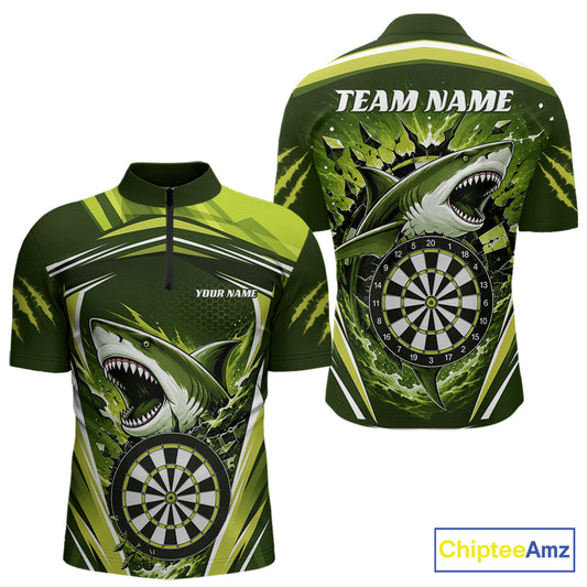 Custom Green Shark With Broken Dartboard Darts Team Men Quarter Zip Shirt, Darts League Shirt IPHW11737