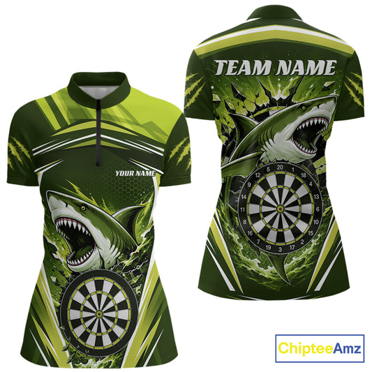 Custom Green Shark With Broken Dartboard Darts Women Shirt, Darts League Shirt IPHW11737